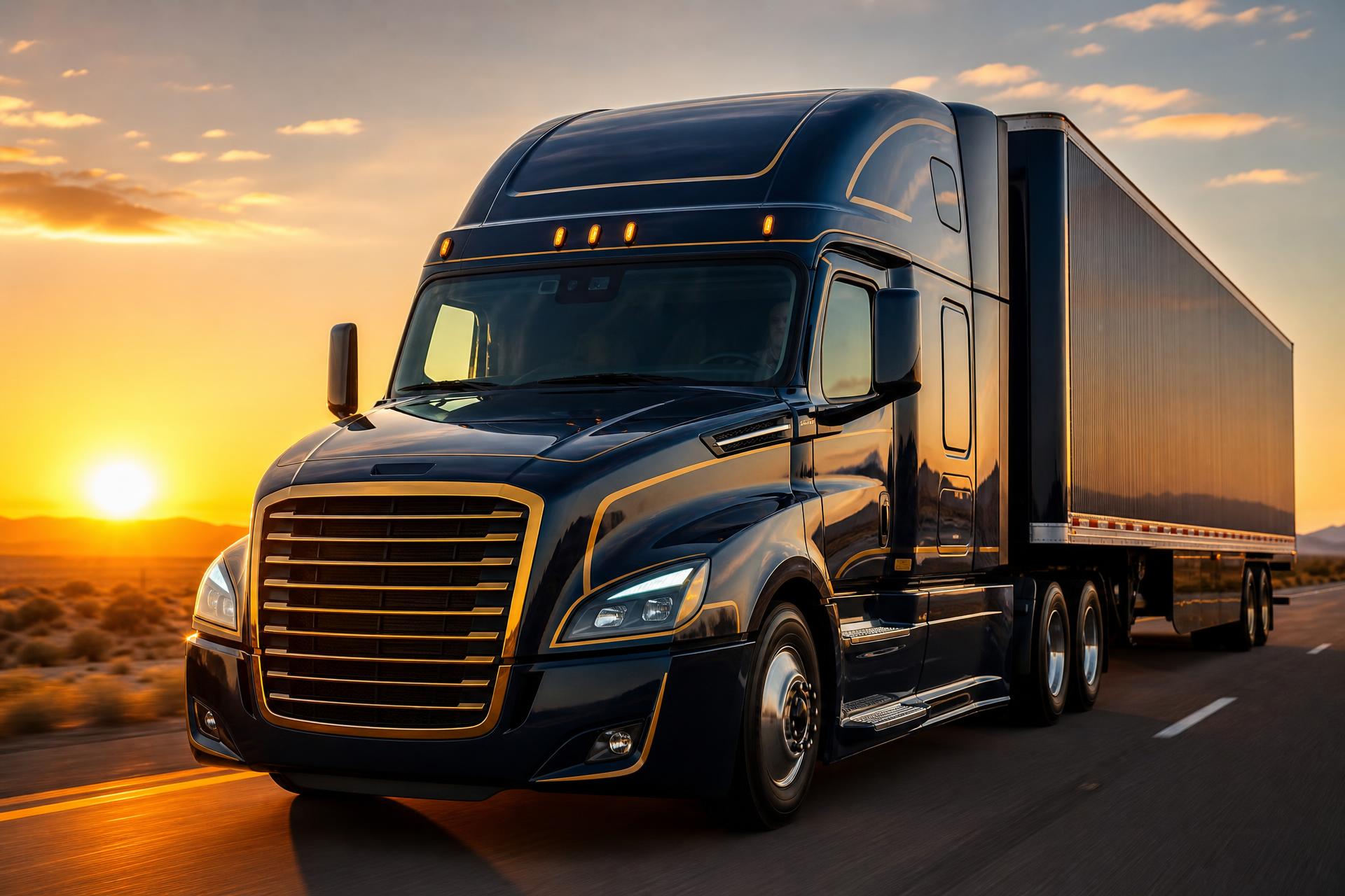 Navy-and-gold semi-truck at golden hour, representing Good King Logistics